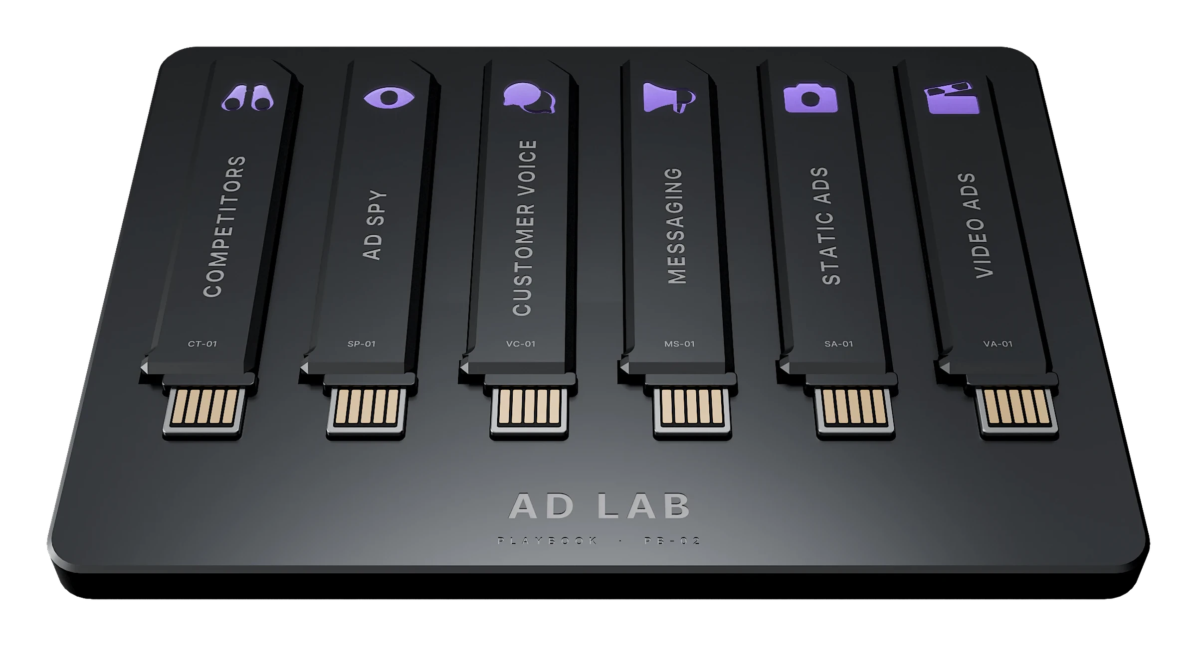 The Ad Lab playbook: a tray holding its six keys, each lit with its icon