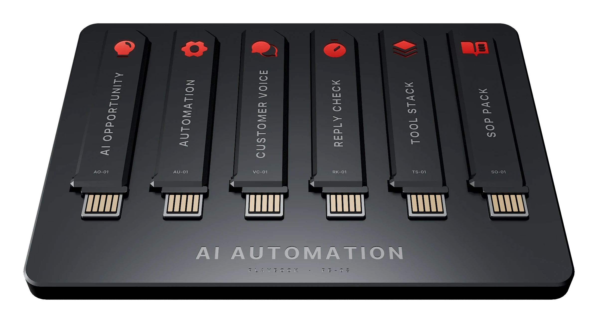 The AI Automation playbook: a tray holding its six keys, each lit with its icon