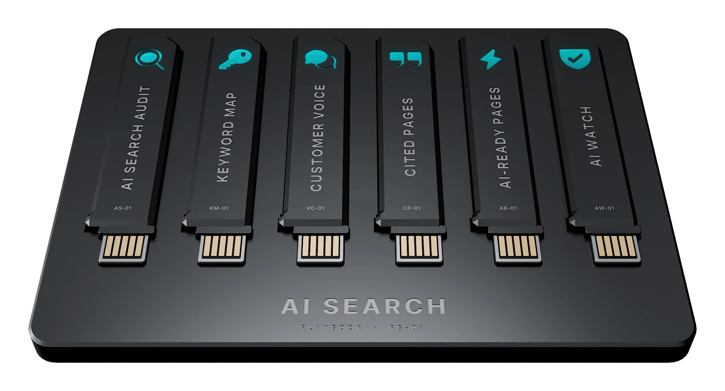 The AI Search playbook: a tray holding its six keys, each lit with its icon