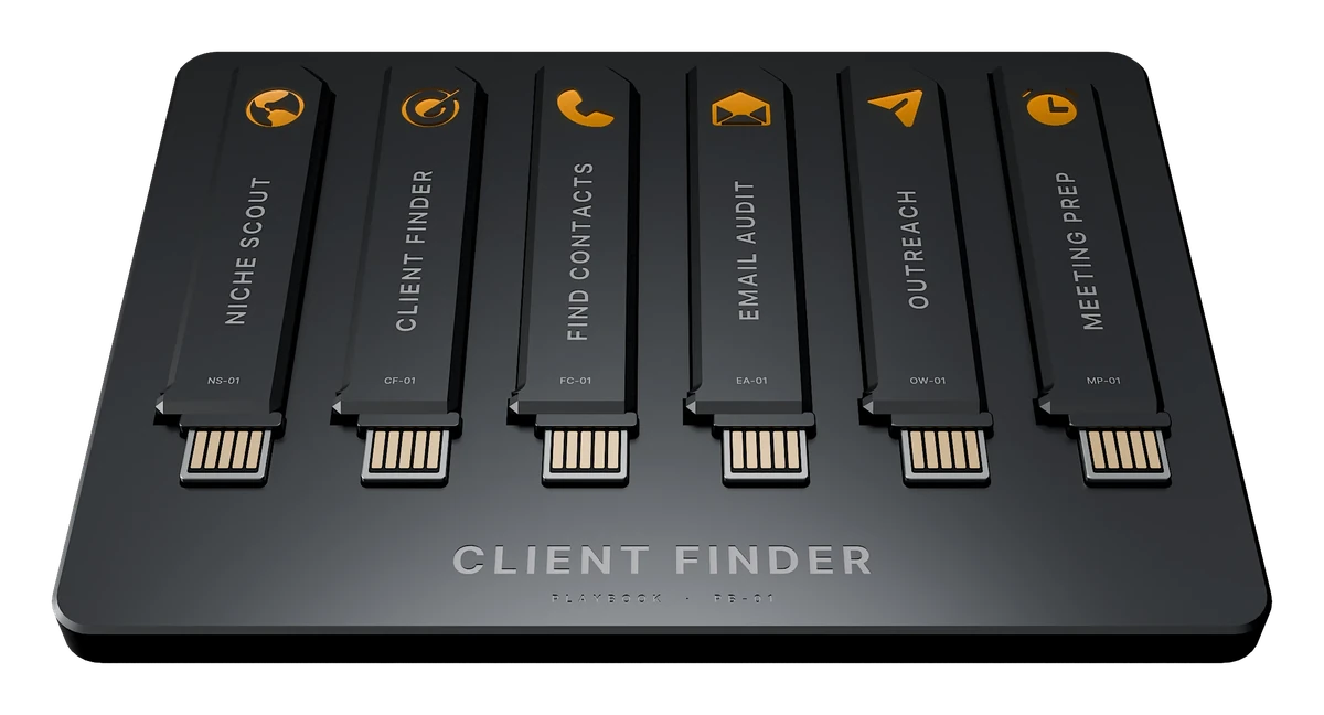 The Client Finder playbook: a tray holding its six keys, each lit with its icon