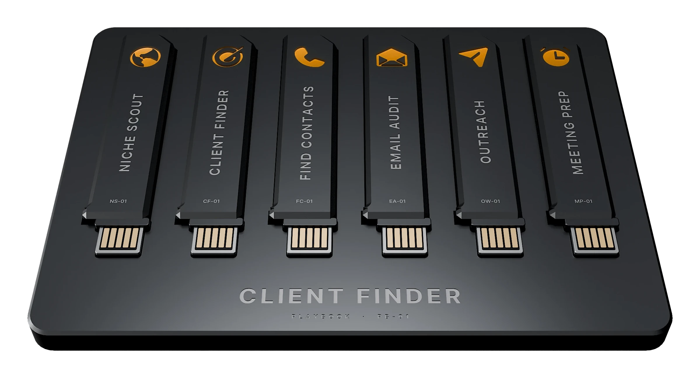 The Client Finder playbook: a tray holding its six keys, each lit with its icon