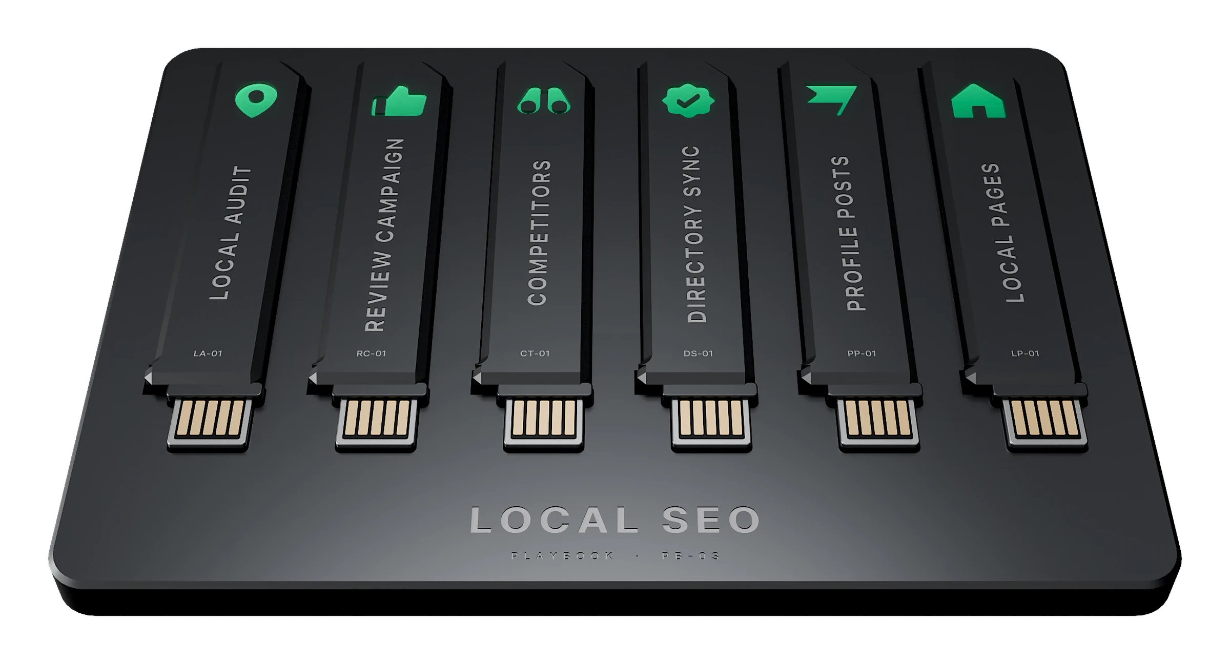 The Local SEO playbook: a tray holding its six keys, each lit with its icon