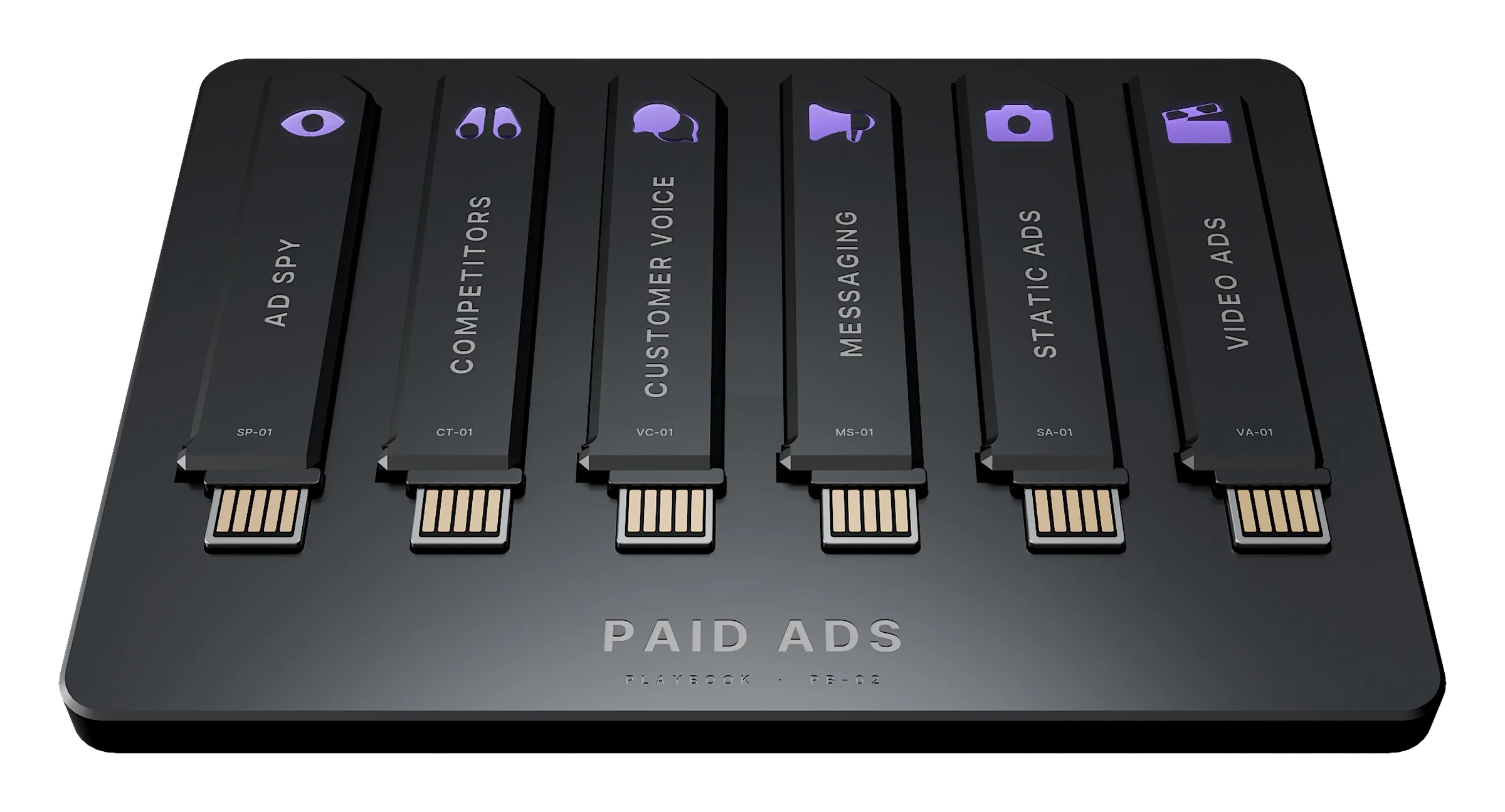 The Paid Ads playbook: a tray holding its six keys, each lit with its icon