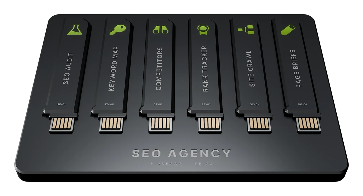 The SEO Agency playbook: a tray holding its six keys, each lit with its icon