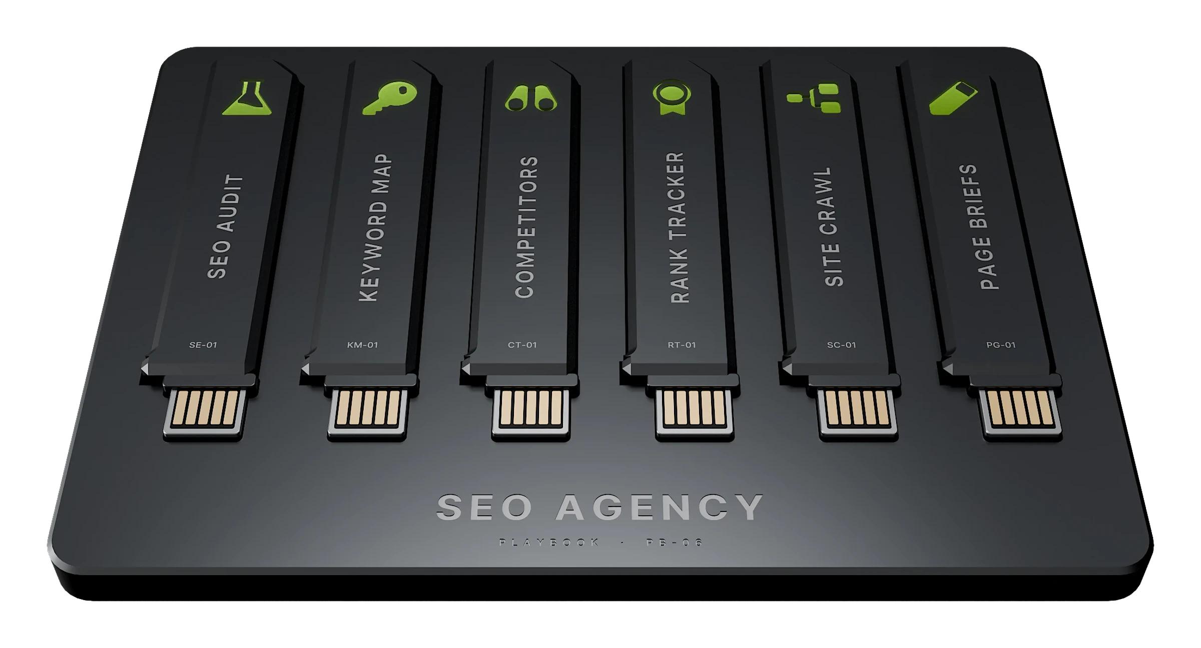 The SEO Agency playbook: a tray holding its six keys, each lit with its icon