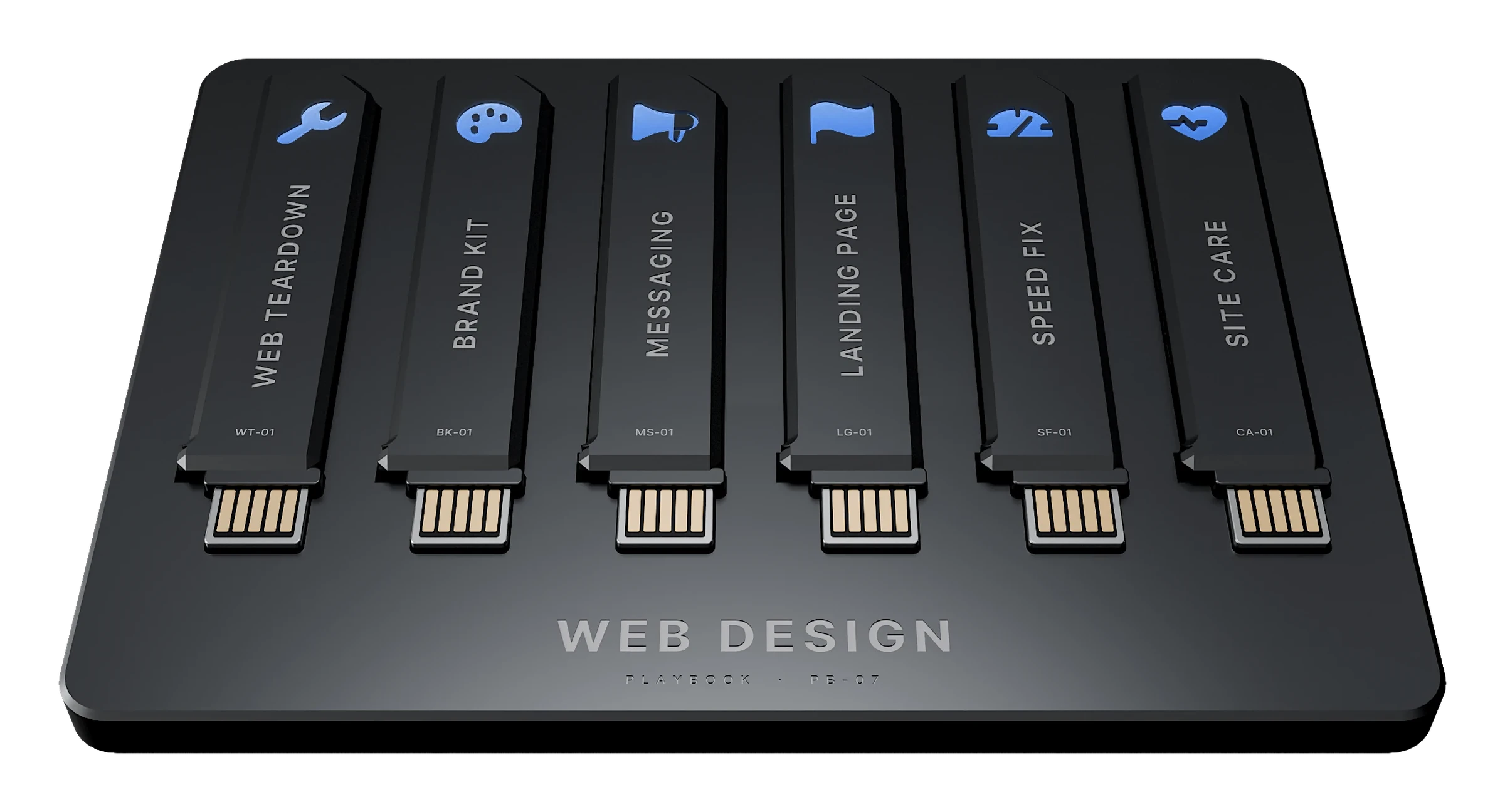The Web Design playbook: a tray holding its six keys, each lit with its icon